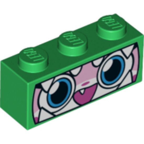 Brick 1 x 3 with Cat Face Wide Eyes, Smiling Open Mouth with One Tooth, Green Dinosaur Mask with White Teeth Pattern (Dinosaur Unikitty)