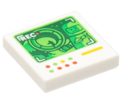 Tile 2 x 2 with Dark Green Screen with 'REC' and Classic Space Minifigure, and Red, Bright Green and Yellow Lights and Line Pattern