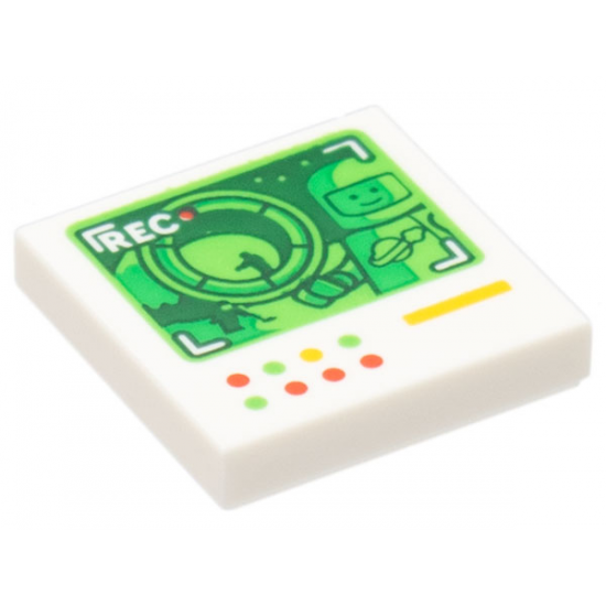 Tile 2 x 2 with Dark Green Screen with 'REC' and Classic Space Minifigure, and Red, Bright Green and Yellow Lights and Line Pattern