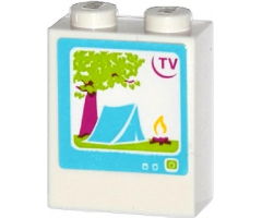 Brick 1 x 2 x 2 with Inside Stud Holder with 'TV', Tree, Tent and Campfire on Screen Pattern (Sticker) - Set 41034