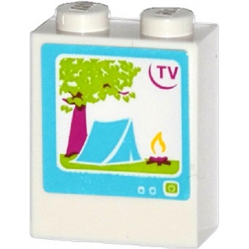 Brick 1 x 2 x 2 with Inside Stud Holder with 'TV', Tree, Tent and Campfire on Screen Pattern (Sticker) - Set 41034