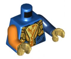 Torso Nexo Knights Armor, White and Orange Emblem with Falcon Pattern / Dark Blue Arm Left / Orange Arm Right / Pearl Gold Hands