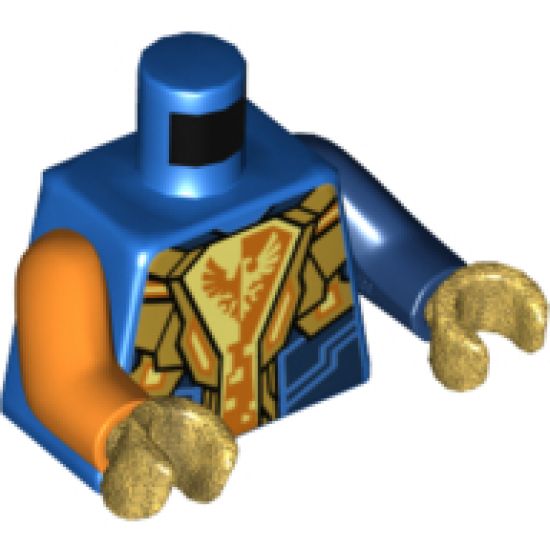 Torso Nexo Knights Armor, White and Orange Emblem with Falcon Pattern / Dark Blue Arm Left / Orange Arm Right / Pearl Gold Hands