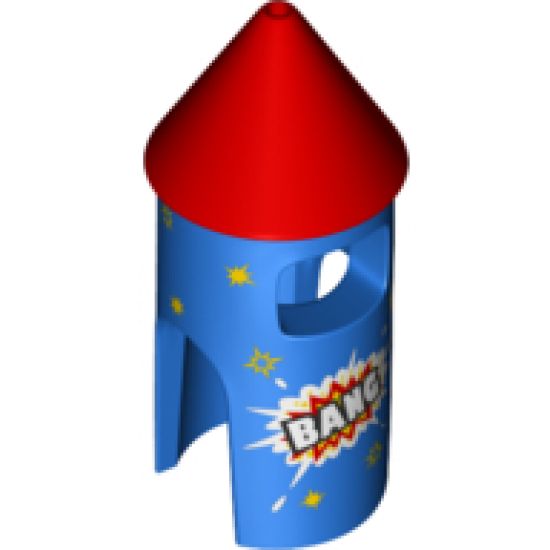 Minifigure, Headgear Head Cover, Costume Firework Rocket with Red Top, 'BANG' and Yellow Stars Pattern