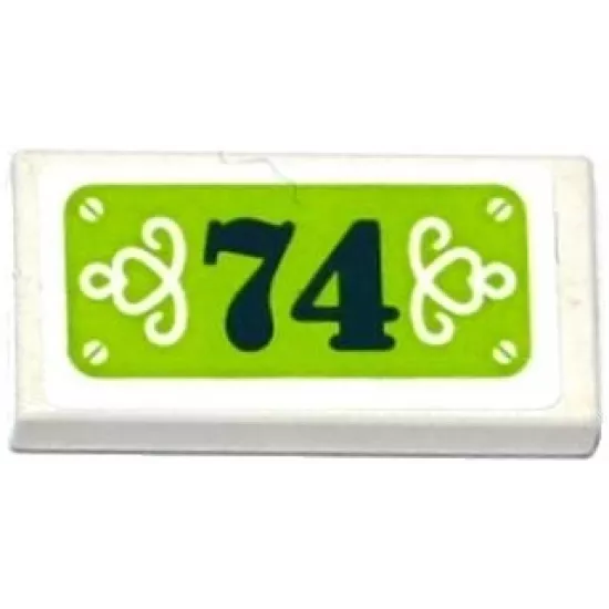 Tile 1 x 2 with Dark Blue '74' and White Hearts, Swirls and Screws on Lime Background Pattern (Sticker) - Set 41108