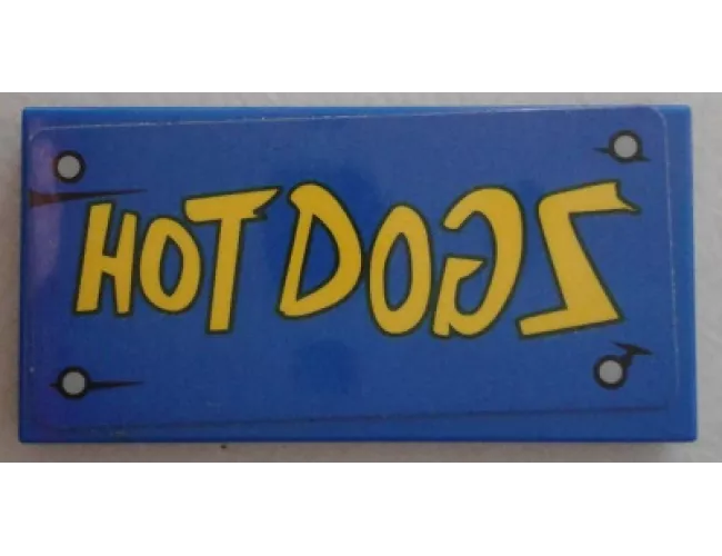 Tile 2 x 4 with Yellow 'HOT DOGS' on Blue Wood Grain Background and 4 Nails Pattern (Sticker) - Set 75824