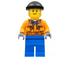 Snow Groomer Operator - Male, Orange Safety Jacket, Reflective Stripe, Sand Blue Hoodie, Blue Legs, Black Knit Cap, Moustache and Sideburns