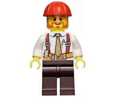 Construction Foreman - Shirt with Tie and Suspenders, Dark Brown Legs, Red Construction Helmet