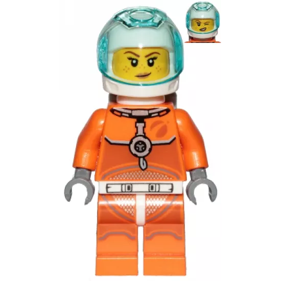 Astronaut - Female, Orange Spacesuit with Dark Bluish Gray Lines, Trans Light Blue Large Visor, Freckles with Smirk and Winking