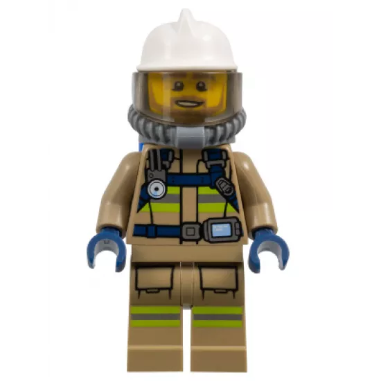 Fire - Reflective Stripes, Dark Tan Suit, White Fire Helmet, Open Mouth with Beard, Breathing Neck Gear with Blue Air Tanks