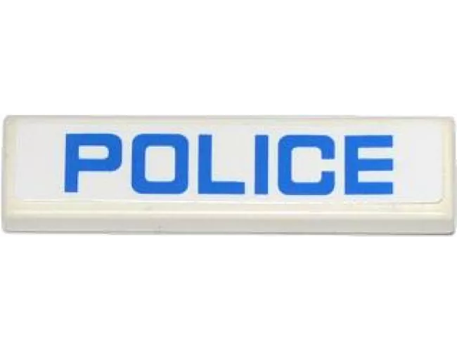 Tile 1 x 4 with Blue 'POLICE' on White Background Pattern (Sticker) - Sets 60042 / 60044