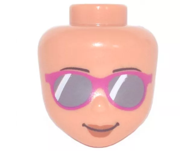 Mini Doll, Head Friends Sunglasses with Dark Bluish Gray Lenses and Magenta Frames, Reddish Brown Lips and Closed Mouth Smile Pattern