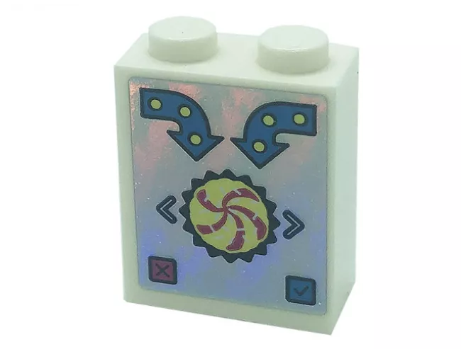 Brick 1 x 2 x 2 with Inside Stud Holder with Dark Azure Arrows, Cupcake, and Buttons on Iridescent Mirrored Background Pattern (Sticker) - Set 41366