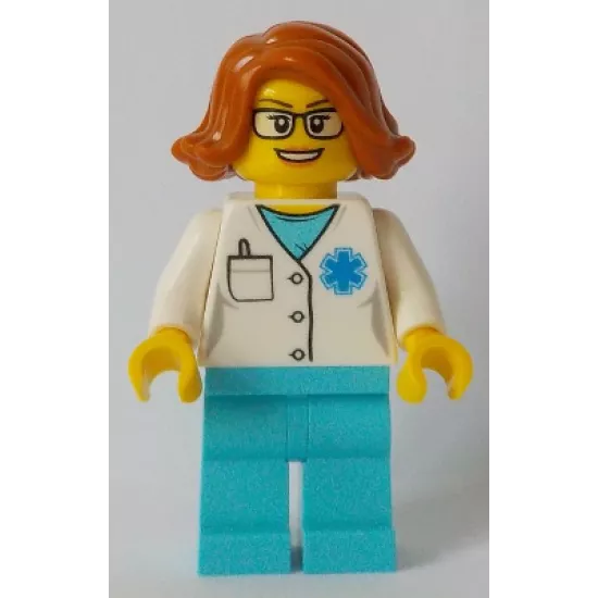 Doctor - EMT Star of Life, Medium Azure Legs, Dark Orange Female Hair Short Swept Sideways, Glasses