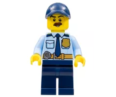 Police - City Shirt with Dark Blue Tie and Gold Badge, Dark Tan Belt with Radio, Dark Blue Legs, Dark Blue Cap with Hole, Brown Bushy Moustache
