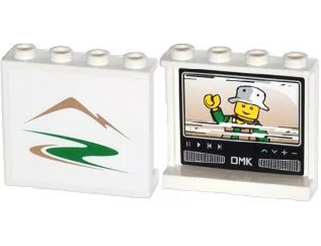 Panel 1 x 4 x 3 with Side Supports - Hollow Studs with Mountains / Green Road on Outside and Minifigure on TV on Inside Pattern (Stickers) - Set 60057