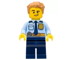 Police - City Officer Shirt with Dark Blue Tie and Gold Badge, Dark Tan Belt with Radio, Dark Blue Legs, Medium Nougat Tousled Hair