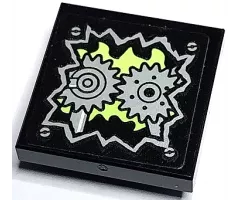 Tile, Modified 2 x 2 Inverted with Silver Exposed Gears, Screws and Yellowish Green Flames Pattern (Sticker) - Set 70430