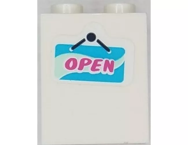 Brick 1 x 2 x 2 with Inside Stud Holder with Dark Pink 'OPEN' on Medium Azure and Light Aqua Sign Pattern (Sticker) - Set 41430