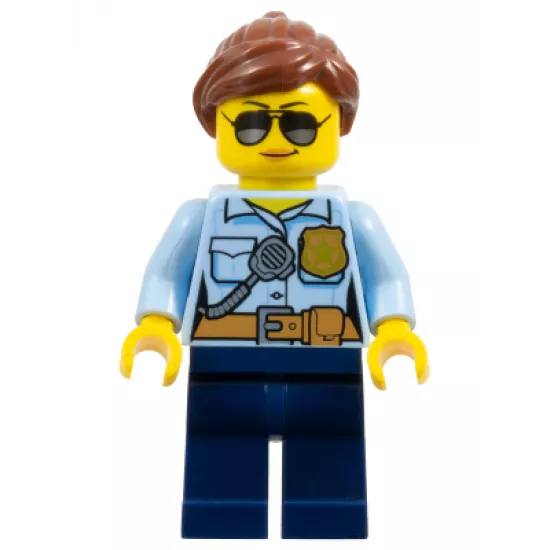 Police - City Officer Female, Bright Light Blue Shirt with Badge and Radio, Dark Blue Legs, Reddish Brown Ponytail and Swept Sideways Fringe