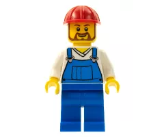Overalls Blue over V-Neck Shirt, Blue Legs, Red Construction Helmet, Beard
