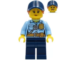 Police - City Officer Female, Bright Light Blue Shirt with Badge and Radio, Dark Blue Legs, Dark Blue Cap with Dark Orange Ponytail, Pensive Smile