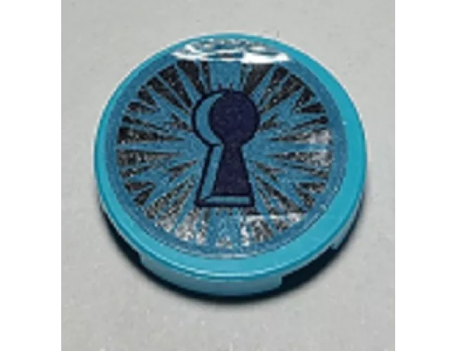 Tile, Round 2 x 2 with Bottom Stud Holder with Dark Blue Keyhole and Metallic Light Blue Ice Crystal Pattern (Sticker) - Set 41168