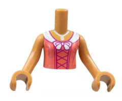Torso Mini Doll Girl Coral Dress, Silver Necklace and Filigree, White Collar, Magenta Stitching Pattern, Medium Nougat Arms with Hands