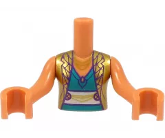Torso Mini Doll Girl Gold Vest with Dark Purple Overlay, Dark Turquoise Top and Gold Necklace Pattern, Nougat Arms with Hands