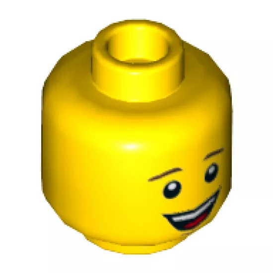 Minifigure, Head Male Dark Brown Eyebrows, Open Mouth Smile with White Teeth and Red Tongue Pattern - Hollow Stud
