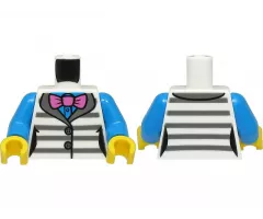 Torso Female Jacket with Dark Bluish Gray Prison Stripes over Dark Azure Shirt, Dark Pink Bow Tie Pattern / Dark Azure Arms / Yellow Hands