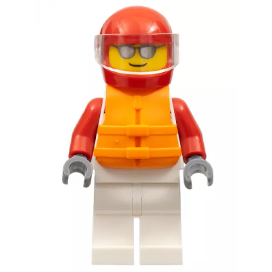 Male, White and Red Jumpsuit with 'XTREME' Logo, Red Helmet, Orange Life Jacket, Sunglasses