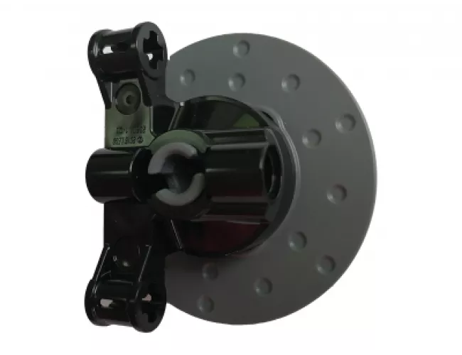 Technic, Steering Axle with 2 Pin Holes and 2 Axle Holes with Dark Bluish Gray Steering Wheel Hub 3 Pin Holes Round (23801 / 35189)