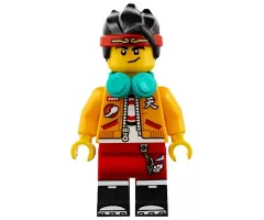 Monkie Kid - Bright Light Orange Open Jacket, Dark Turquoise Headphones, Smirk / Angry