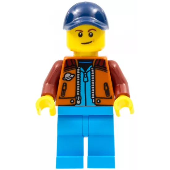 Lunar Research Astronaut - Male, Dark Orange Classic Space Jacket, Dark Azure Legs, Dark Blue Cap with Hole, Lopsided Smile (Rover Driver)
