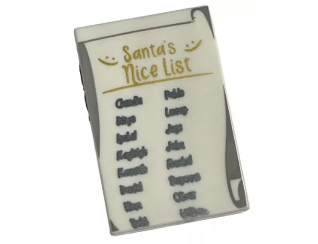 Tile 2 x 3 with Gold 'Santa's Nice List' and Black Names Pattern