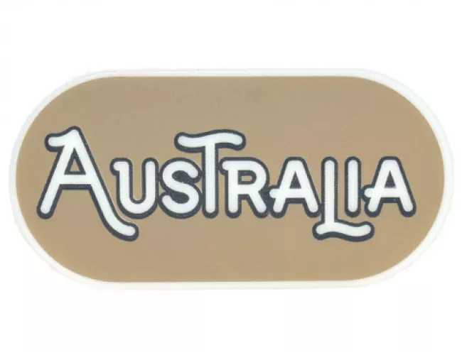 Tile, Round 2 x 4 Oval with Black Outline 'AUSTRALIA' on Dark Tan Background Pattern