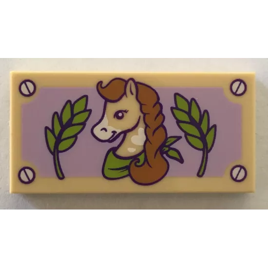 Tile 2 x 4 with Horse with Braided Mane, Green Leaves, and Lavender Background Pattern