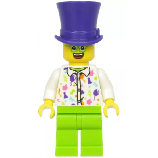Birthday Party Guest, Dark Purple Top Hat, Green Glasses, White Shirt, Lime Legs