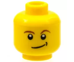 Minifigure, Head Reddish Brown Eyebrows, White Pupils, Lopsided Smile with Black Dimple Pattern