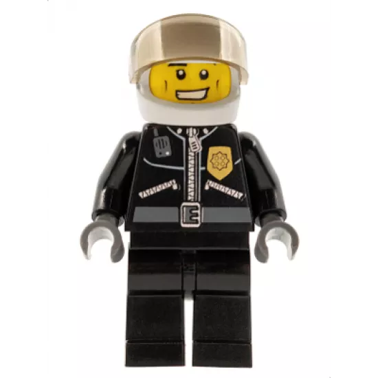 Police - City Leather Jacket with Gold Badge and 'POLICE' on Back, White Helmet, Trans-Black Visor