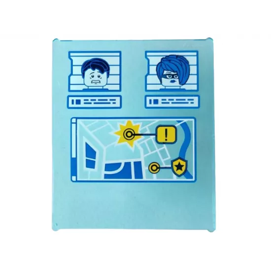 Glass for Window 1 x 6 x 6 Flat Front with Yellow, Blue and White GPS Map Screen and 2 Crook Minifigures Pattern