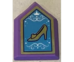 Tile, Modified 2 x 3 Pentagonal with Gold Holographic Frame and Shoe (Cinderella Glass Slipper), White Crown and Filigree on Medium Blue Background Pattern (Sticker) - Set 43193