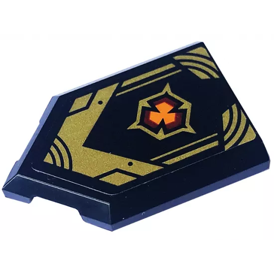 Tile, Modified 2 x 3 Pentagonal with Gold Lines, Armor Plates and Dark Red and Orange Emblem Pattern (Sticker) - Set 71793