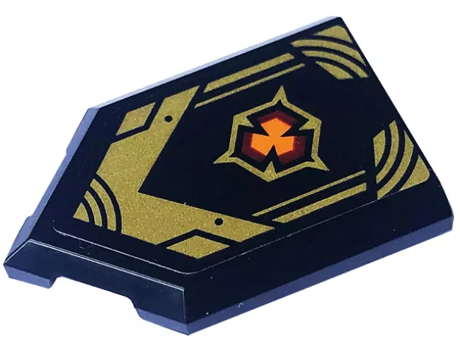 Tile, Modified 2 x 3 Pentagonal with Gold Lines, Armor Plates and Dark Red and Orange Emblem Pattern (Sticker) - Set 71793