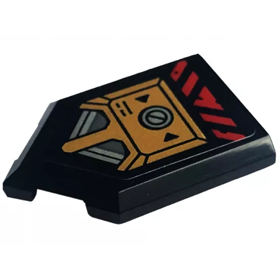 Tile, Modified 2 x 3 Pentagonal with Black Triangles, Silver Screw, Red Danger Stripes, and Gold Armor Plate Pattern (Sticker) - Set 71775