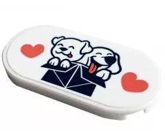 Tile, Round 2 x 4 Oval with White Dogs in Dark Blue Box with Coral Hearts Pattern (Sticker) - Set 41741