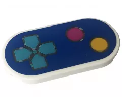 Tile, Round 2 x 4 Oval with Yellow and Dark Pink Buttons, Medium Azure Directional Pad on Blue Game Controller Pattern (Sticker) - Set 41708