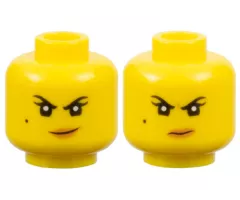 Minifigure, Head Dual Sided Female Black Eyebrows, Single Eyelashes, and Beauty Mark, Nougat Lips, Smirk with Dimple / Scowl with Wrinkle between Eyes Pattern