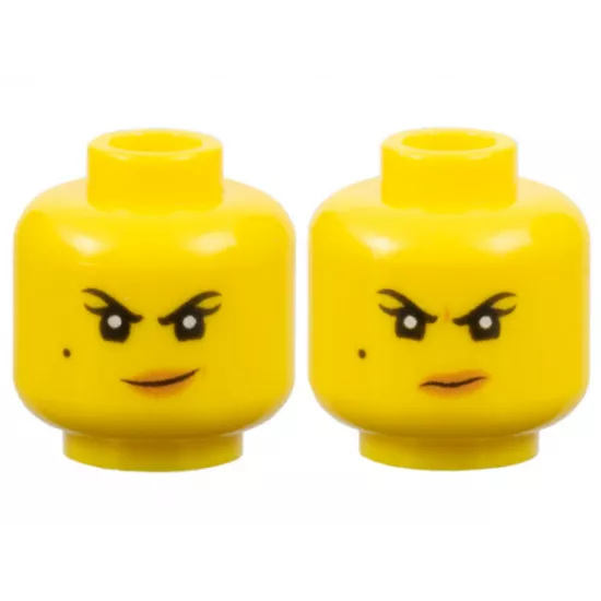 Minifigure, Head Dual Sided Female Black Eyebrows, Single Eyelashes, and Beauty Mark, Nougat Lips, Smirk with Dimple / Scowl with Wrinkle between Eyes Pattern